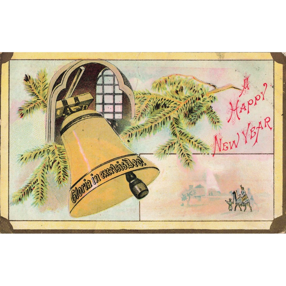 Happy New Year Postcard Church Bell Gloria In Excelsis Deo Embossed Antique